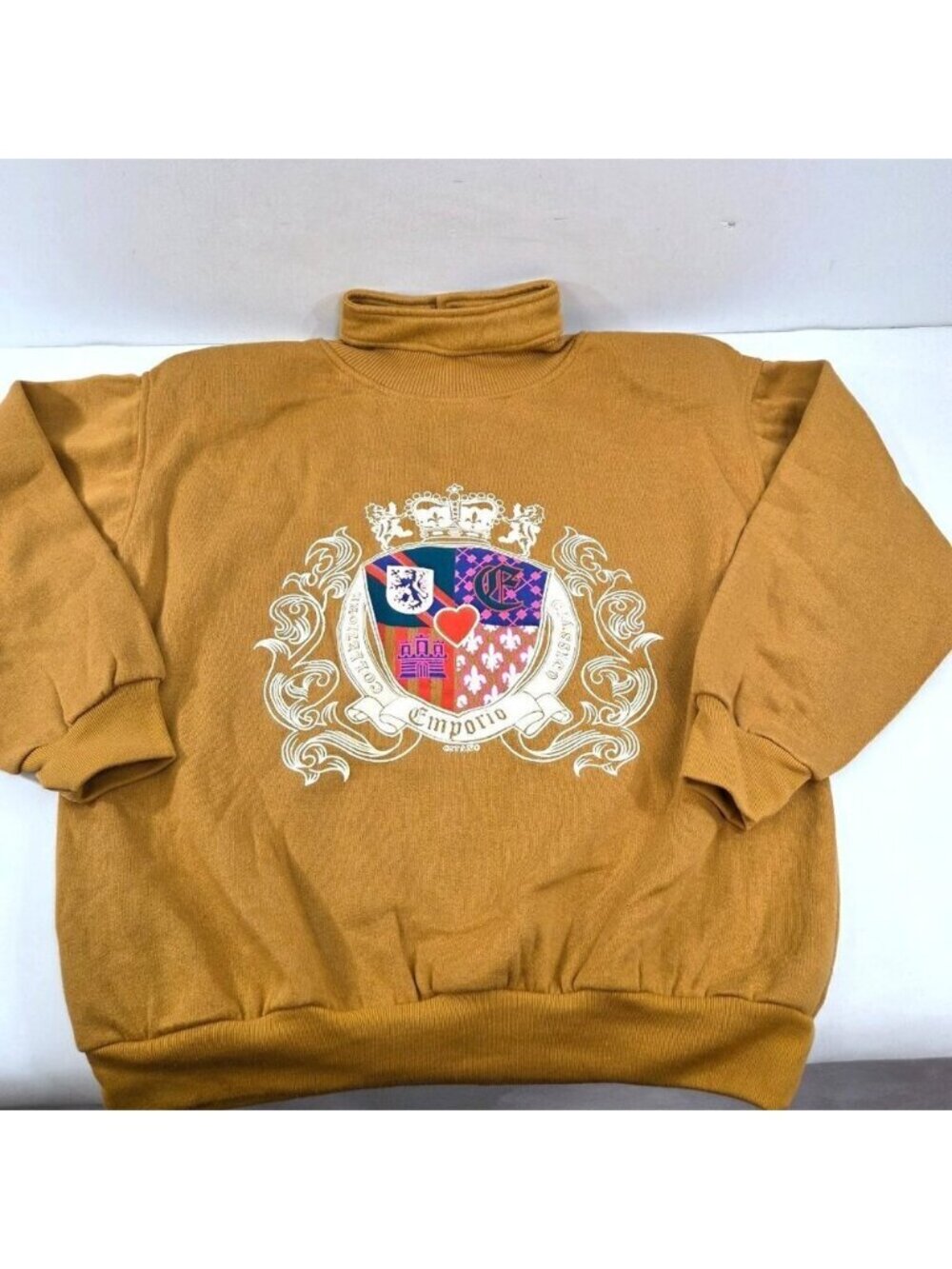 Vintage Emporio Gitano Womens Size Medium Mustard Mock Turtleneck Crest Logo 80s